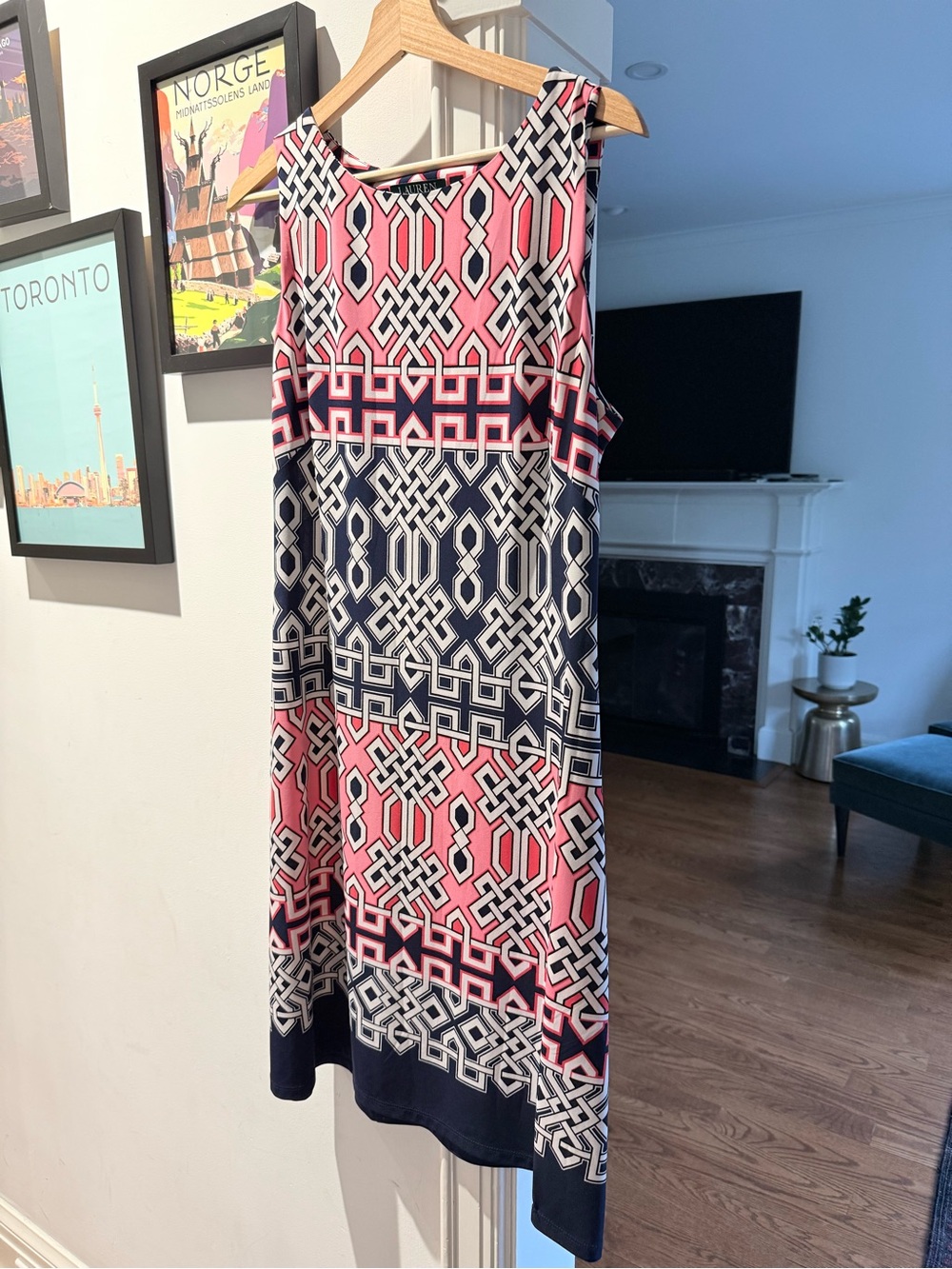 Lauren by Ralph Lauren Sleeveless Geometric Print Dress in Pink and Navy